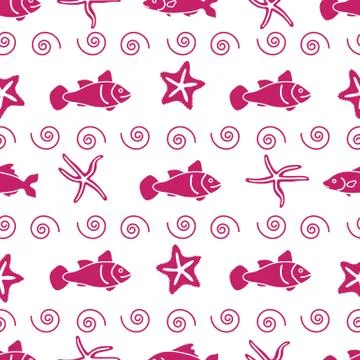 Vector seamless pattern with starfish and fish. Stock Illustration