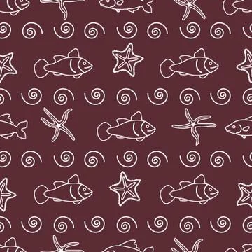 Vector seamless pattern with starfish and fish. Illustrazione stock