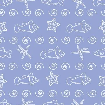 Vector seamless pattern with starfish and fish. Ilustración de archivo