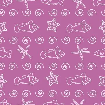 Vector seamless pattern with starfish and fish. Stock Illustration