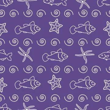 Vector seamless pattern with starfish and fish. Ilustración de archivo