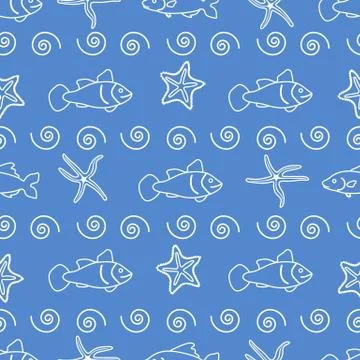 Vector seamless pattern with starfish and fish. Stock Illustration