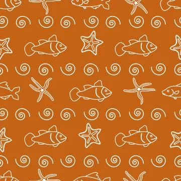 Vector seamless pattern with starfish and fish. Stock Illustration