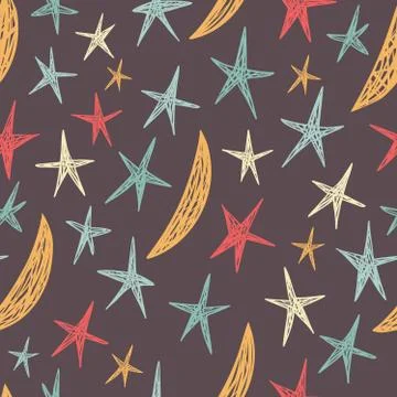 Vector seamless pattern with stars and moons. Endless brown background. Stock Illustration