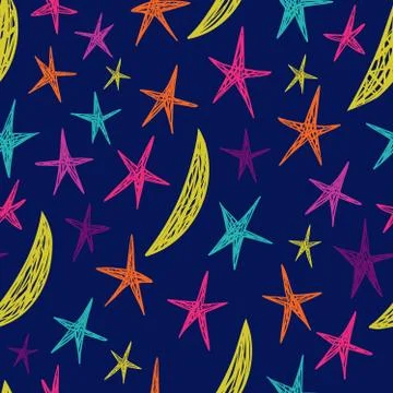 Vector seamless pattern with stars and moons. Endless blue background. Stock Illustration