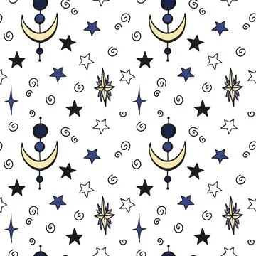 Vector seamless pattern with stars and moon. Hand drawn illustration. Stock Illustration