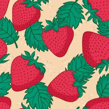Vector seamless pattern with strawberries and leaves. Graphic stylized drawin Stock Illustration