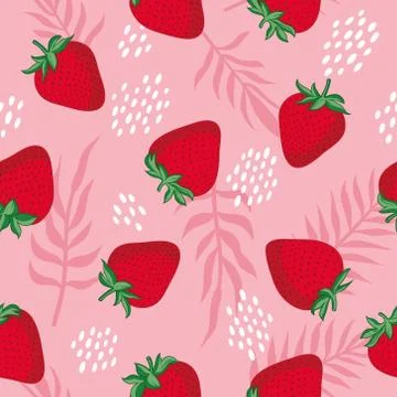 Vector seamless pattern with strawberries, leaves and flowers. Stock Illustration