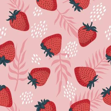 Vector seamless pattern with strawberries, leaves and flowers. Stock Illustration