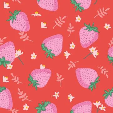 Vector seamless pattern with strawberries, leaves and flowers. Stock Illustration
