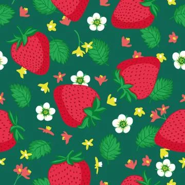 Vector seamless pattern with strawberries, leaves and flowers. Stock Illustration