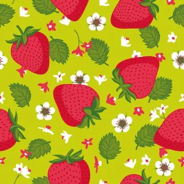 Vector seamless pattern with strawberries, leaves and flowers. Stock Illustration