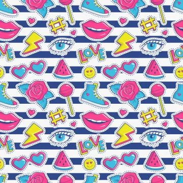 Vector seamless pattern with stripes and colorful patches. Stockillustratie