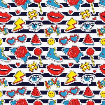Vector seamless pattern with stripes and colorful patches. イラスト素材
