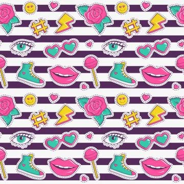 Vector seamless pattern with stripes and cute patches. Illustrazione stock