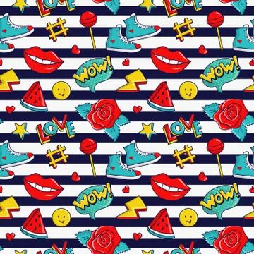 Vector seamless pattern with stripes and colorful stickers. イラスト素材