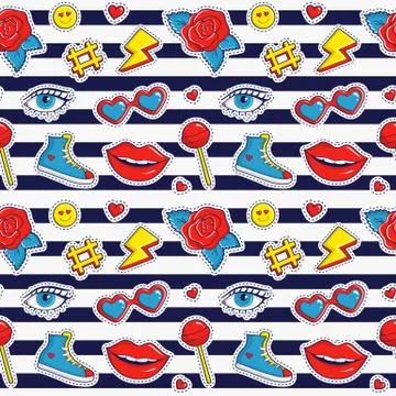 Vector seamless pattern with stripes and colorful patches. 库存插图