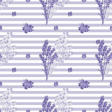 Vector seamless pattern with stripes and sprigs of lavender Stock Illustration