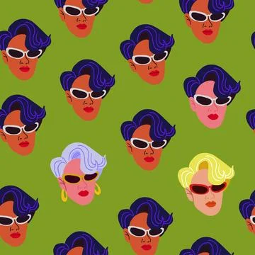 Vector seamless pattern with stylish woman in glasses with colorful hair Stock Illustration