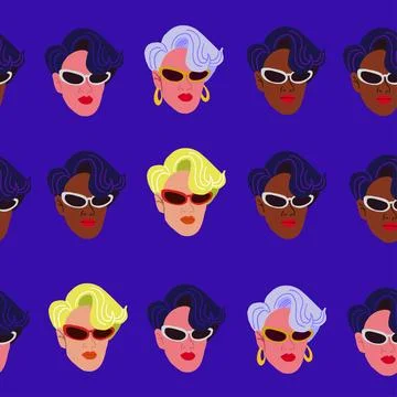 Vector seamless pattern with stylish woman in glasses with colorful hair Stock Illustration