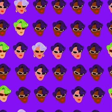 Vector seamless pattern with stylish woman in glasses with colorful hair Stock Illustration