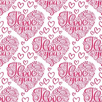 Vector seamless pattern with stylized hearts of doodles and amorous lettering I Stock Illustration