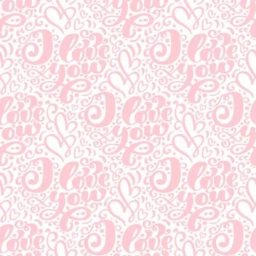 Vector seamless pattern with stylized hearts of doodles and amorous lettering I Stock Illustration