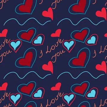 Vector seamless pattern with stylized hearts of doodles and amorous lettering on Stock Illustration