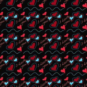 Vector seamless pattern with stylized hearts of doodles and amorous lettering on Stock Illustration