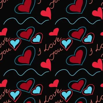 Vector seamless pattern with stylized hearts of doodles and amorous lettering on Stock Illustration