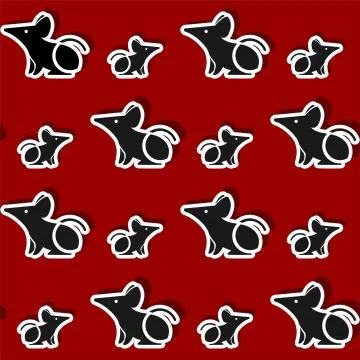 Vector seamless pattern of stylized mice or rats stickers on red background.  Stock Illustration