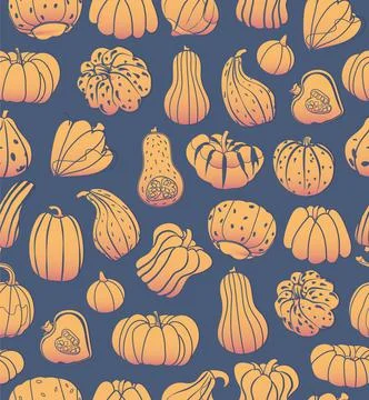 Vector seamless pattern with stylized orange pumpkin on dark blue background. Illustrazione stock