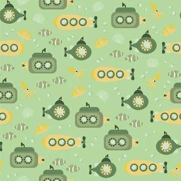 Vector seamless pattern with submarine, clownfish, squid, algae.Underwater Stock Illustration
