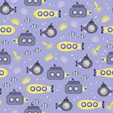 Vector seamless pattern with submarine, clownfish, squid, algae.Underwater Stockillustratie