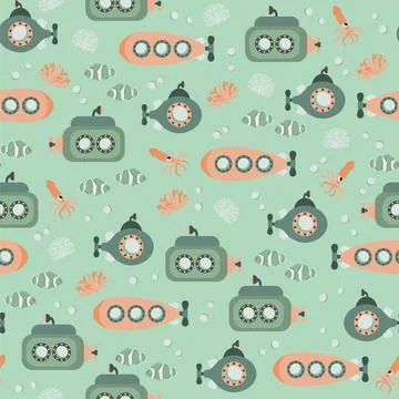 Vector seamless pattern with submarine, clownfish, squid, algae.Underwater Stockillustratie