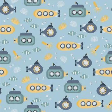 Vector seamless pattern with submarine, clownfish, squid, algae.Underwater Illustrazione stock