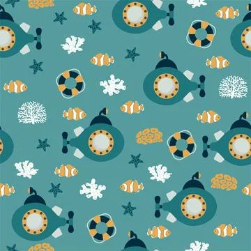 Vector seamless pattern with submarine, lifebuoy, clown fish, seaweed, starfish イラスト素材
