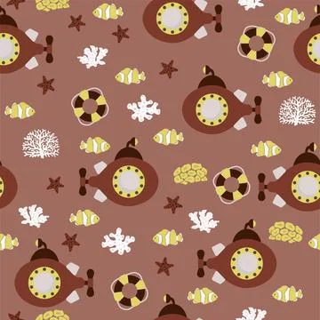 Vector seamless pattern with submarine, lifebuoy, clown fish, seaweed, starfish Stock Illustration