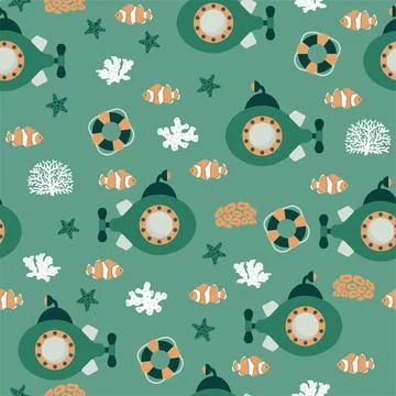 Vector seamless pattern with submarine, lifebuoy, clown fish, seaweed, starfish Illustrazione stock