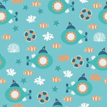 Vector seamless pattern with submarine, lifebuoy, clown fish, seaweed, starfish Illustrazione stock