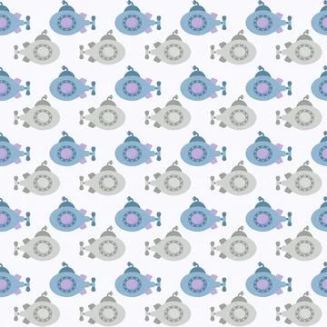 Vector seamless pattern with submarine.Underwater cartoon creatures.Marine Stock Illustration