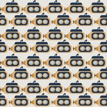 Vector seamless pattern with submarine.Underwater cartoon creatures.Marine Stock Illustration
