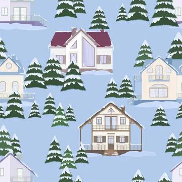 Vector seamless pattern of suburban family houses and fir trees. Stock Illustration