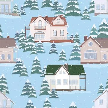 Vector seamless pattern of suburban family houses and fir trees. Stock Illustration