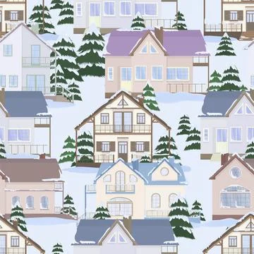 Vector seamless pattern of suburban family houses and fir trees. Stock Illustration