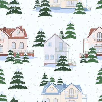 Vector seamless pattern of suburban family houses and fir trees. Illustrazione stock