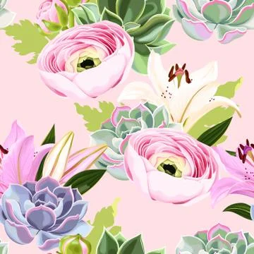 Vector seamless pattern with succulent and flower Stock Illustration
