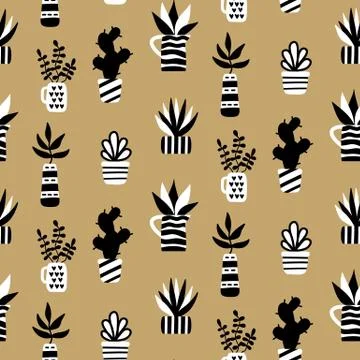 Vector seamless pattern with succulents and houseplants Stock Illustration