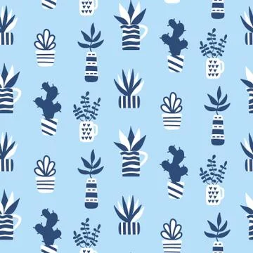 Vector seamless pattern with succulents and houseplants in vase Illustrazione stock