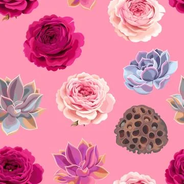 Vector seamless pattern with succulents and roses Stock Illustration